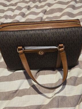 Michael Kors Dark Brown Signature Satchel with Tan Leather Handles